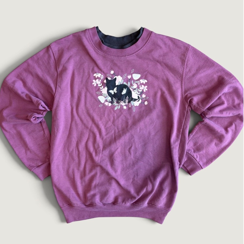 Grannycore Cat Lady Sweatshirt Berry Purple Floral Butterfly Graphic Small